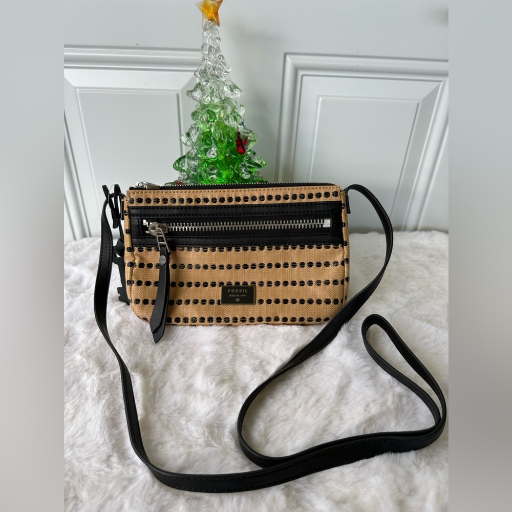 FOSSIL Dawson Fabric Crossbody light tan polka dot bohemian adjustable purse